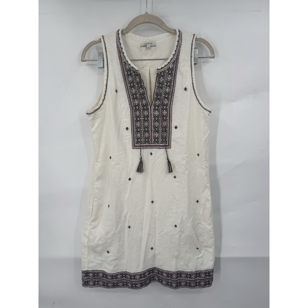 Madewell Suncoast Shift Dress Women 4 Cream Red Embroidered V Neck Boho Chic